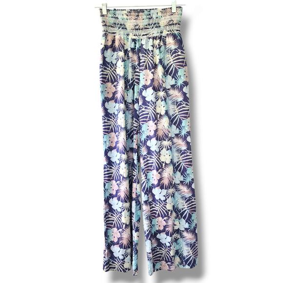 Beau Dawson S Pull-on boho linen Pants Wide Leg Palazzo Tropical floral blue - Picture 1 of 12